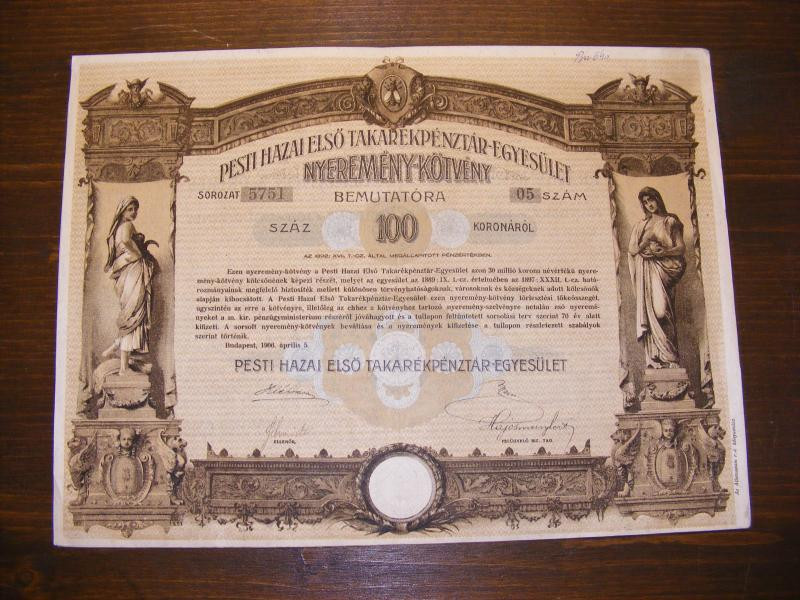 Pesti Hazai Takarékpénztár Nyereménykötvény, 1906, 100 korona