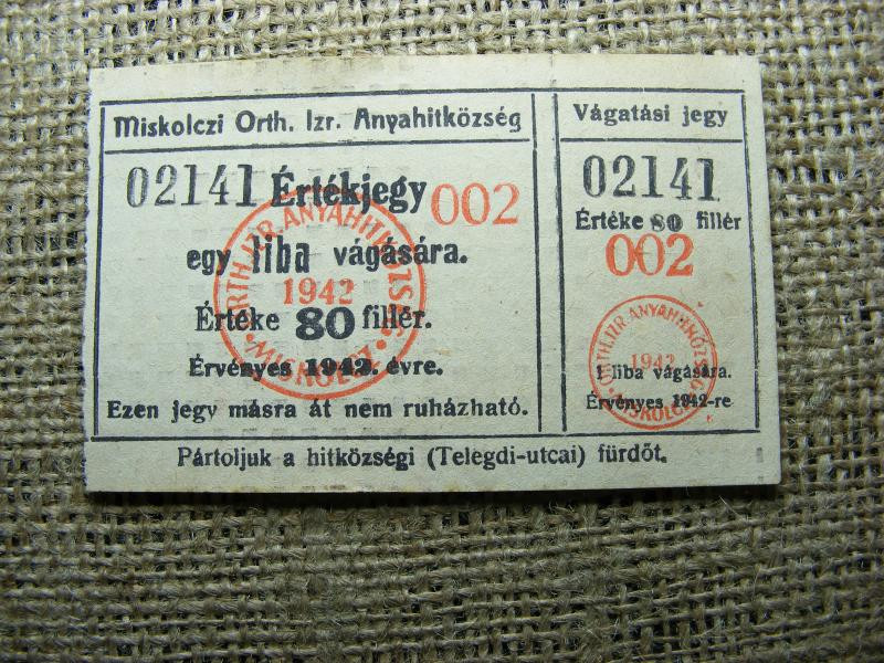 Miskolci Izraelita Hitközség Bárca papírpénz
