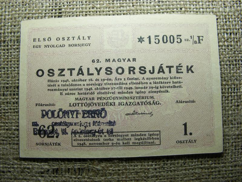 62. Magyar Osztálysorsjáték bankjegy, 1948