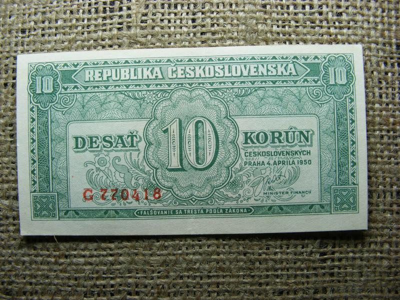 Csehszlovákia 10 korona, 1950, papírpénz
