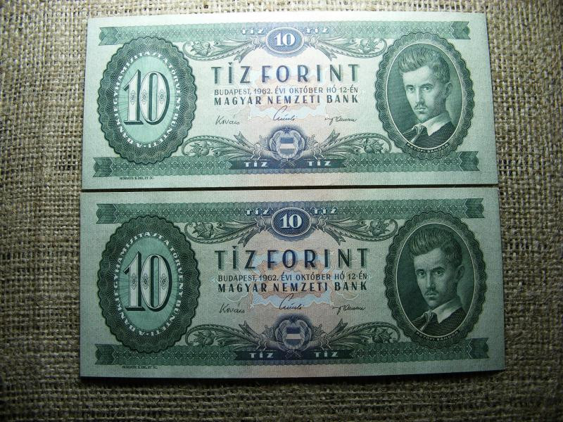 10 forintos bankjegy, 1962, sorszám közeli pár, vízjeles
