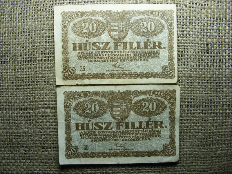 20 fillér, 1920, 35 pár, színes + normál hátlap