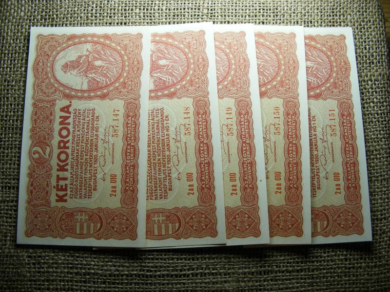2 korona, 1920, UNC sorszámkövető, 5 db