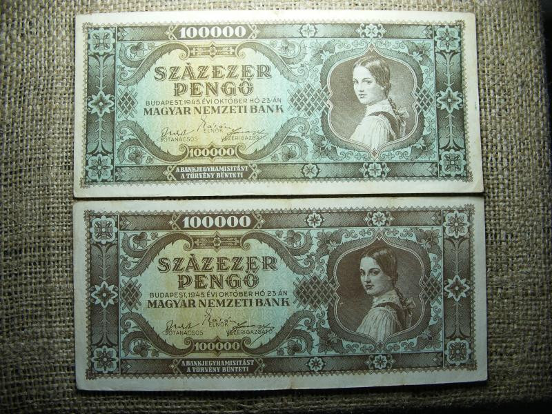Százezer pengő, 1945, 2 db előlapi színváltozat
