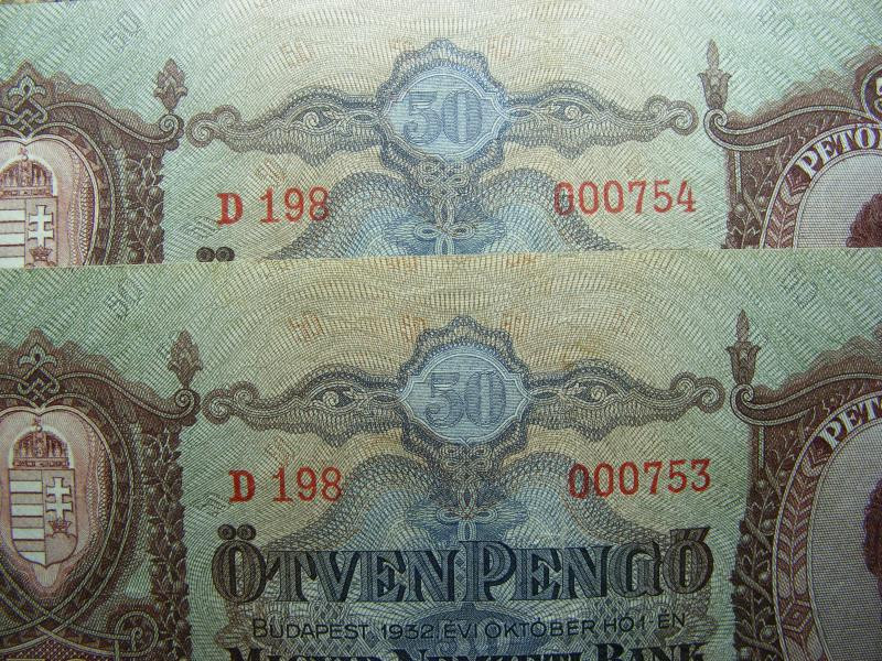 50 pengő, 1932, 2 db sorszámkövető, alacsony sorszám