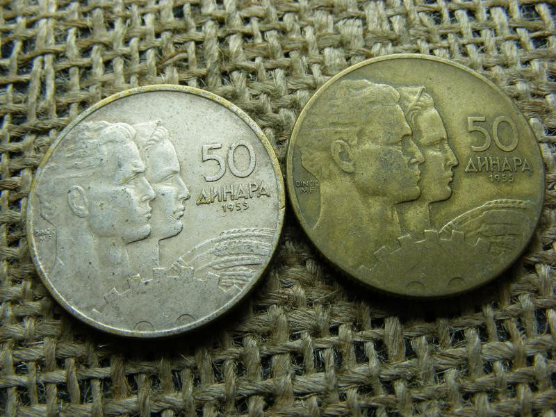 50 dinár, 1955, normál és ezüstözött
