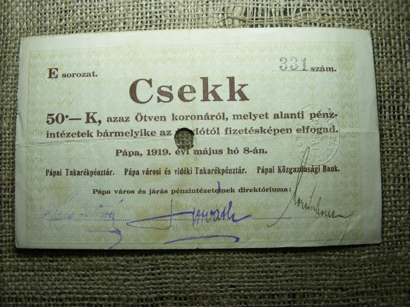 50 korona, 1919, Pápa Csekk