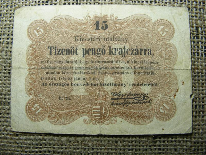 Kossuth bankó, 15 krajcár, 1849