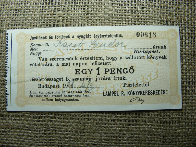 Budapesti 1 pengő, 1928, Lampel R könyvkereskedés
