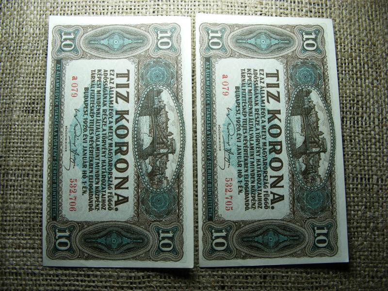10 korona, 1920, 2 db sorszámkövető, hajtatlan