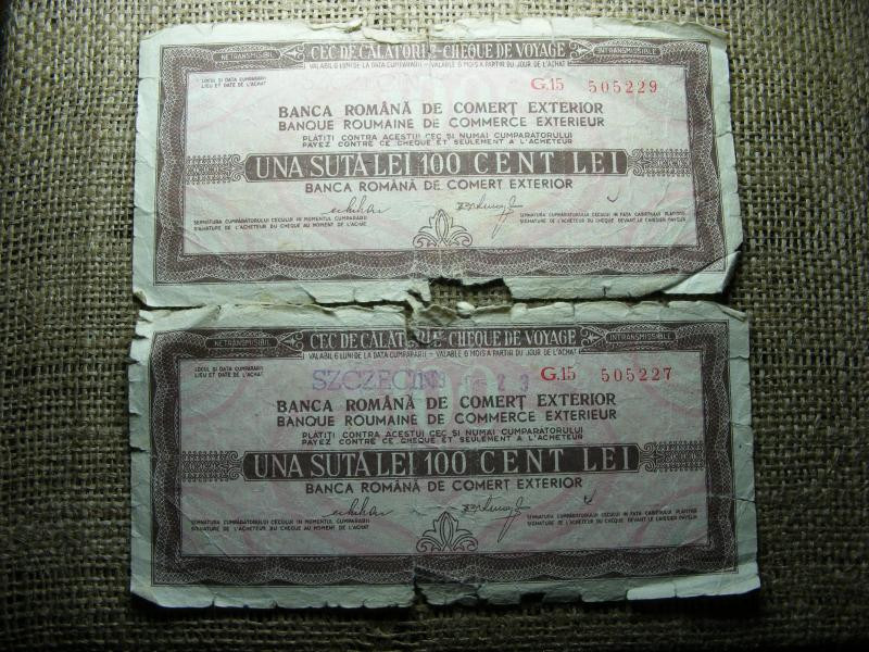 Románia, 100 lei utazási csekk, sorszám közeli pár