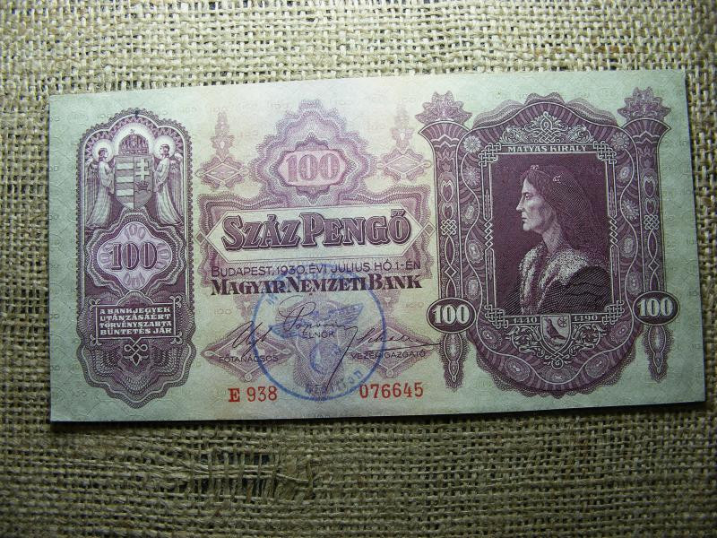 100 pengő, 1930, hajtatlan, horogkeresztes felülbélyegzés