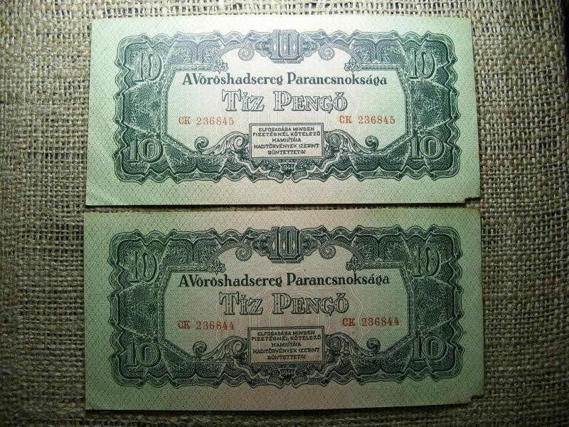 10 pengő, 1944, Vörös Hadsereg, 2db sorszámkövető