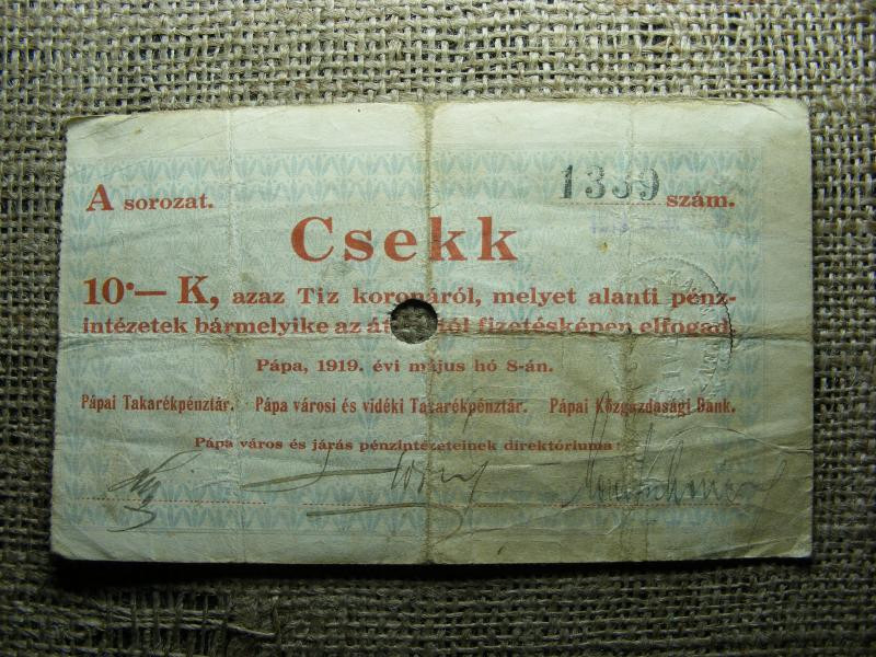 10 Korona, 1919, Pápa csekk, vízjeles