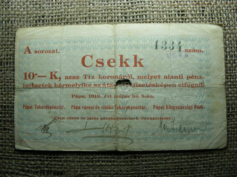 10 Korona, 1919, Pápa csekk