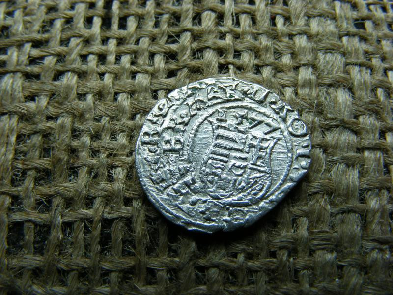 Ezüst Miksa dénár, 1577, dupla veret, verdehibás