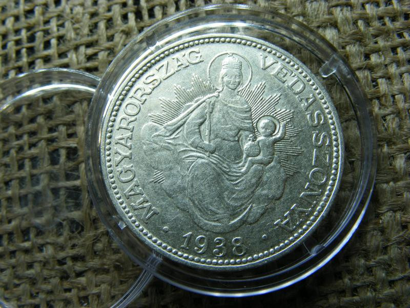 Ezüst 2 pengő, 1938, ritka, mosolygós Madonna