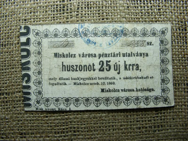 Miskolc 25 krajcár utalvány, 1860, Miskolcz Városa