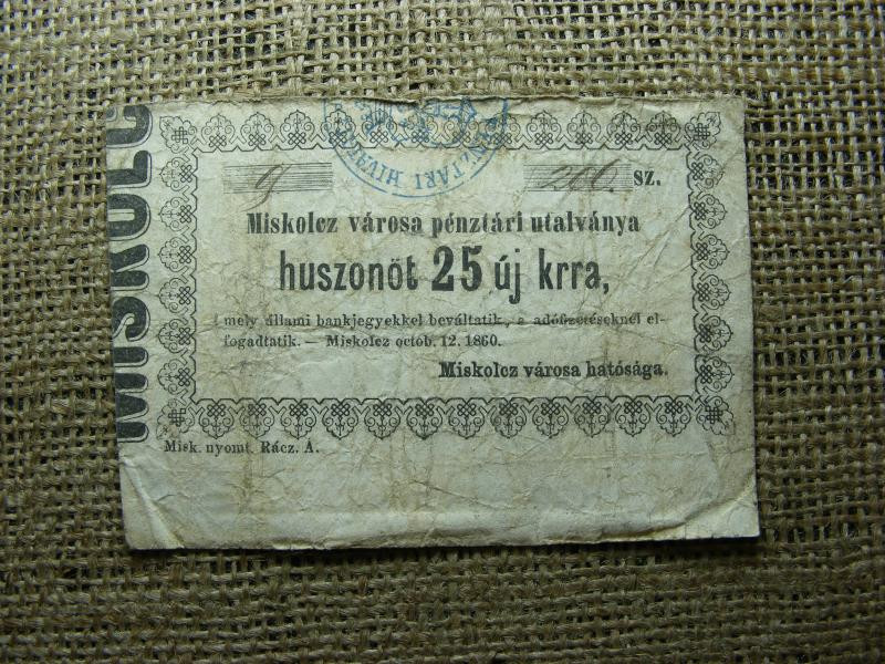 Miskolc 25 krajcár utalvány, 1860, ívszél