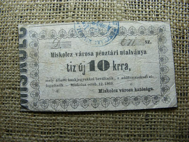Miskolc 10 krajcár utalvány, 1860, vastag papír