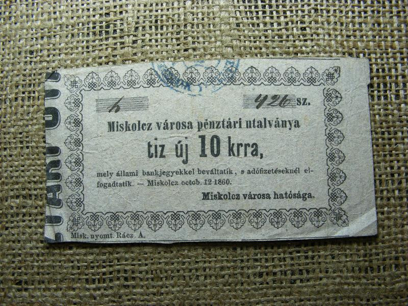Miskolc 10 Krajcár Utalvány, 1860, Keskeny