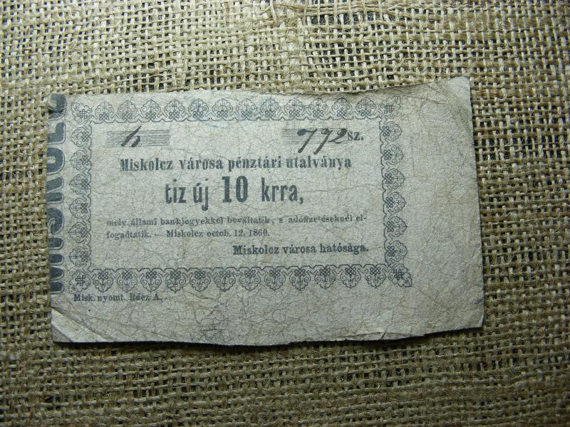 Miskolc 10 krajcár utalvány, 1860, keskeny ívszél