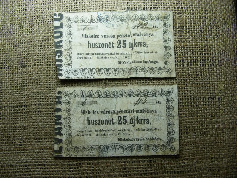 Miskolc 25 krajcár utalvány, 1860, 2 db sorszámkövető