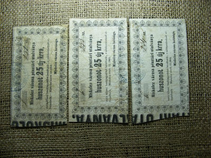 Miskolc 25 krajcár utalvány, 1860, 3 db sorszámkövető