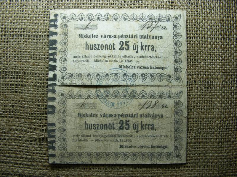 Miskolcz Városi Pénztári Utalványa, 1860, 25 krajcár