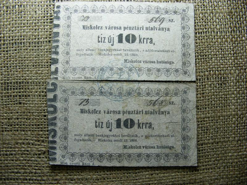 Miskolcz Városi Pénztári Utalványa, 1860, 10 krajcár, pár