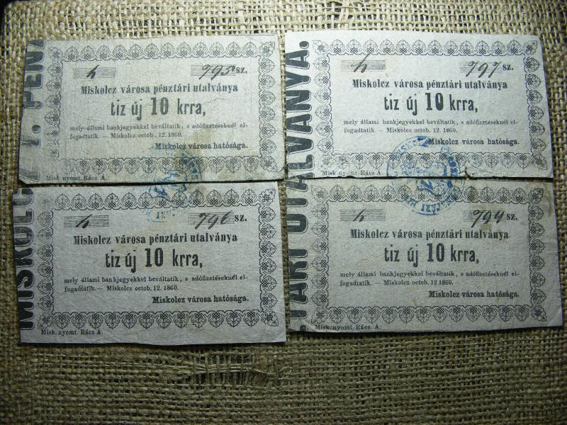Miskolcz Városi Pénztári Utalványa, 1860, 10 krajcár, nyomdahibás