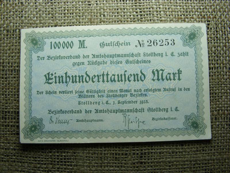 100000 márka bankjegy, 1923, Stollberg körzet