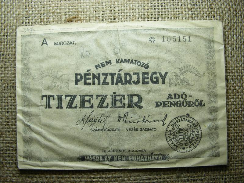 Nem kamatozó Pénztárjegy, 1946, 10000 Adópengő