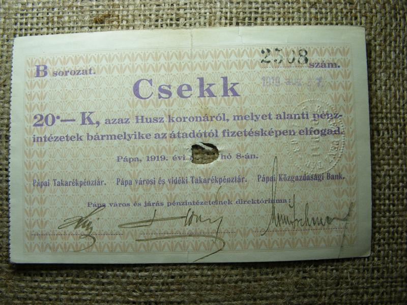 Pápa 20 korona, 1919, szükségpénz
