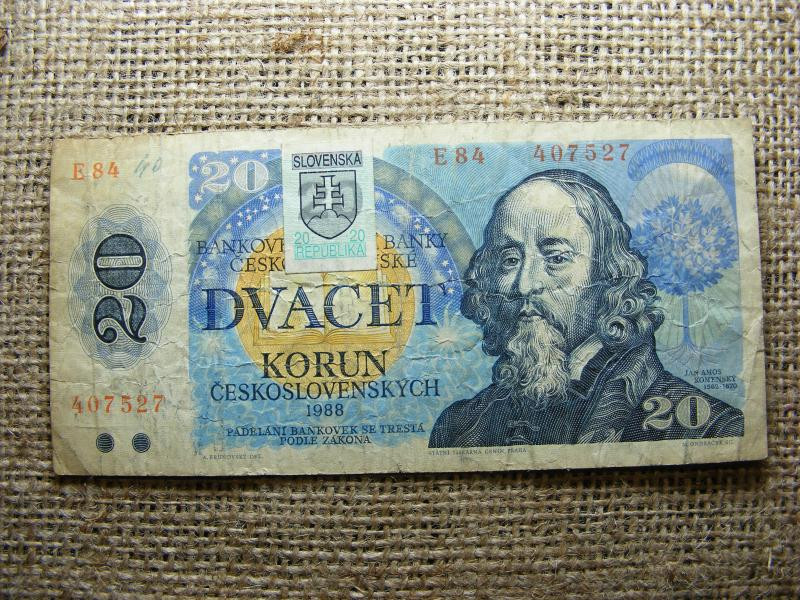 Csehszlovákia 20 korona, 1988, Szlovákia bélyeggel