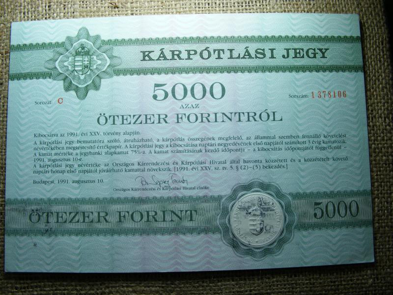 5000 forintos bankjegy, 1991, kárpótlási jegy, hajtatlan