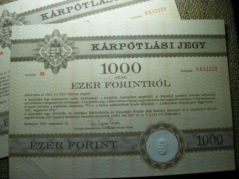 1000 Forintos Kárpótlási Jegy, 1991, 2 db sorszámkövető