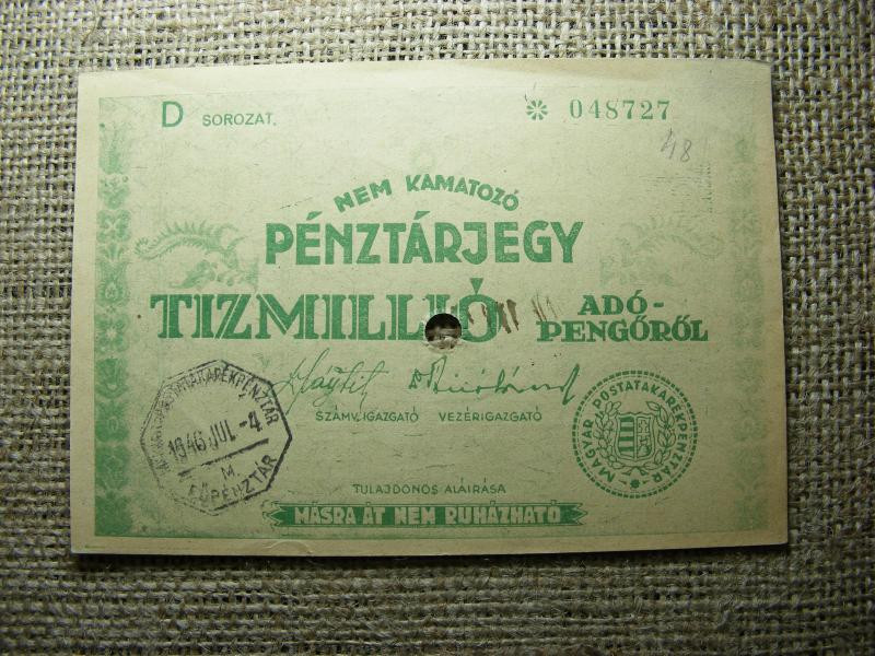 Nem Kamatozó Pénztárjegy, 1946, Tízmillió Adópengő