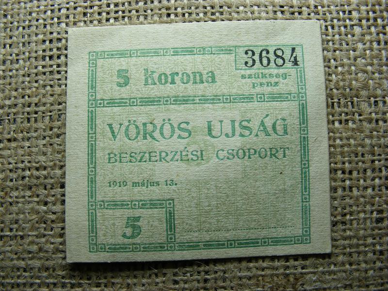 Vörös Újság 5 korona, 1919, szükségpénz