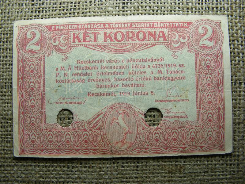 2 korona, 1919, Kecskemét, érvénytelenített