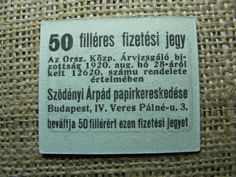 Szödényi Árpád 50 fillér, 1920, fizetési jegy