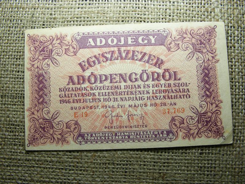 Százezer Adópengő, 1946, vízjeles, sorszámos