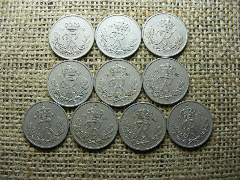 Dánia 25 öre érme, 1949-1958, teljes sor