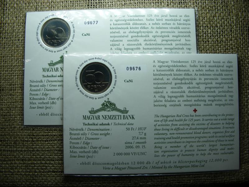 50 forintos érme, 2006, vöröskereszt, első napi veret, sorszámkövető
