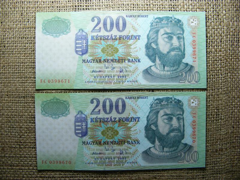 200 forintos bankjegy, 2005, 2 db sorszámkövető, UNC