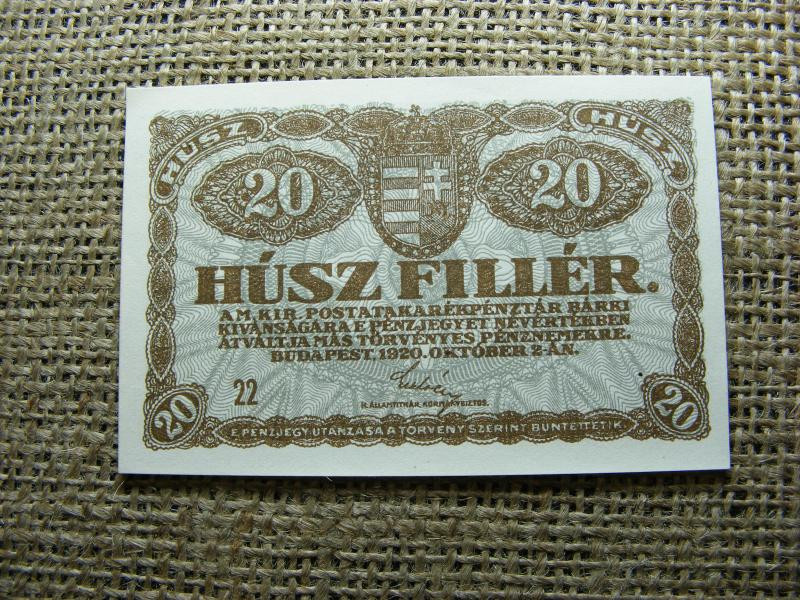 20 fillér bankjegy, 1920, 22