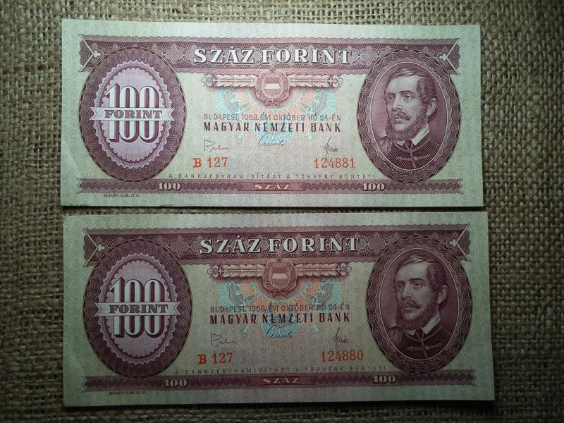 100 forintos bankjegy, 1968, kis aláírás, 2 db sorszámkövető
