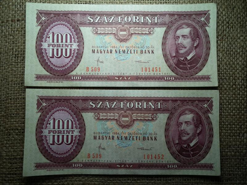 100 forintos bankjegy, 1984, hajtatlan, sorszámkövető