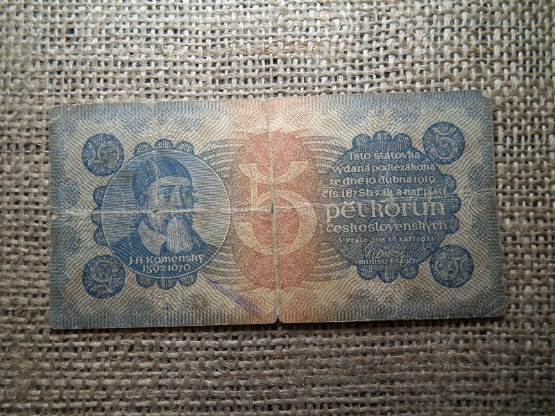 Csehszlovákia 5 korona, 1921, papírpénz