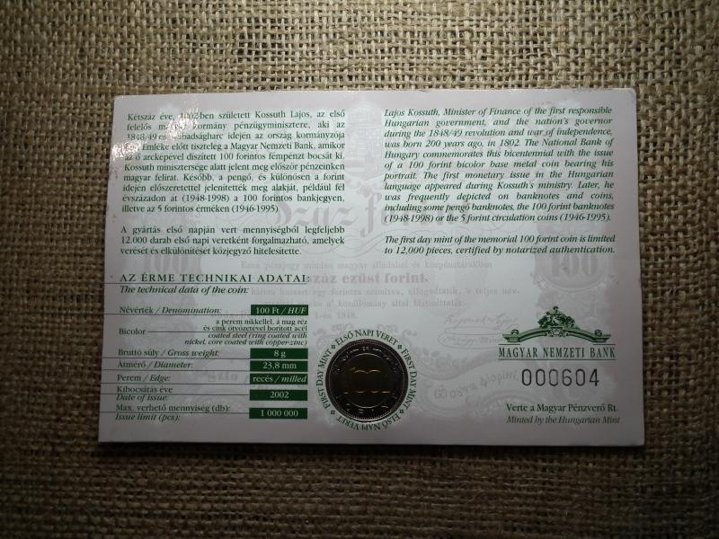 100 forintos érme, 2002, elsőnapi veret, ritka